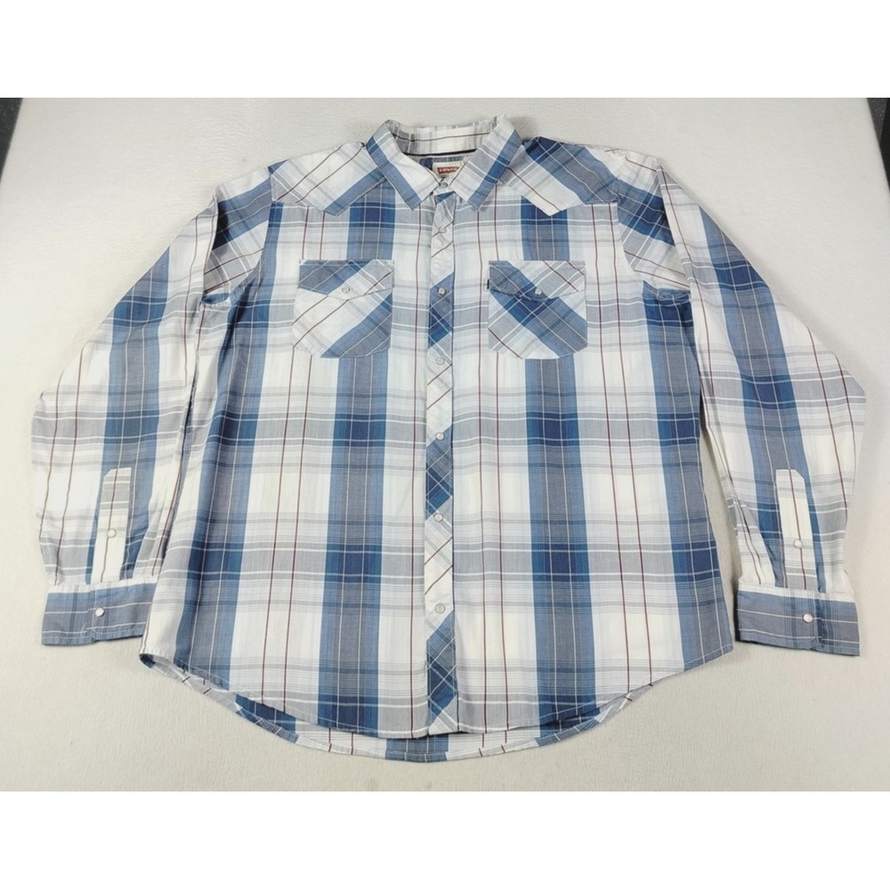 Vintage Levis Shirt Mens XL Blue Plaid Western‎ PearlSnap Lightweight Cowboy PBR